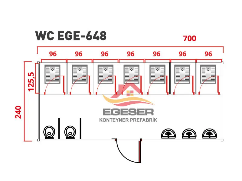 EGE-648 Konteyner Tuvalet Kabini Egeser Konteyner Prefabrik İzmir üretimi çoklu WC konteyneri
