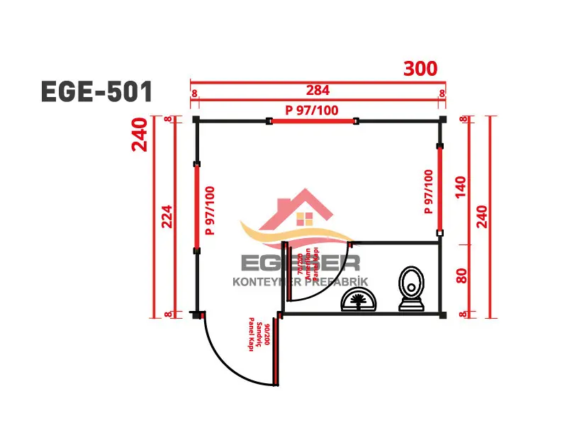 EGE-501 Konteyner Güvenlik Kabini - Egeser Konteyner Prefabrik İzmir üretimi taşınabilir güvenlik konteyneri