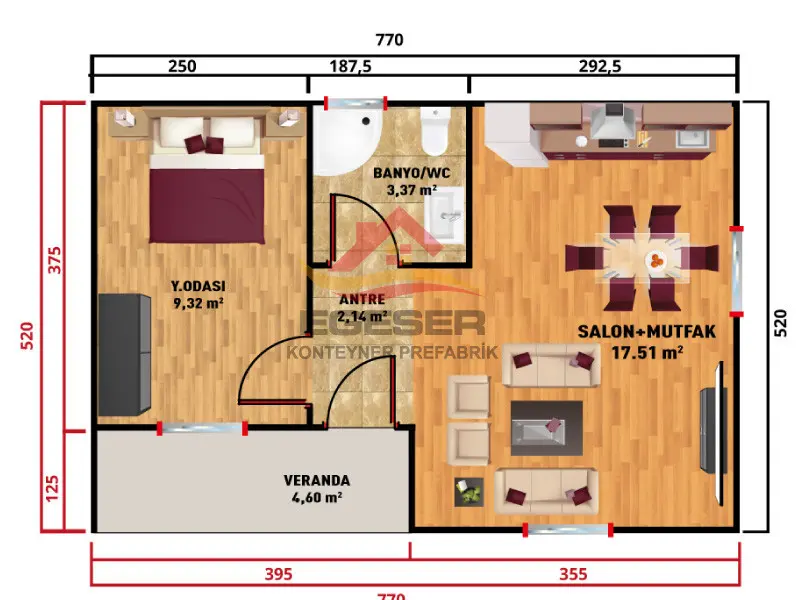 EGE-102 40 m² prefabrik ev banyo WC antre veranda