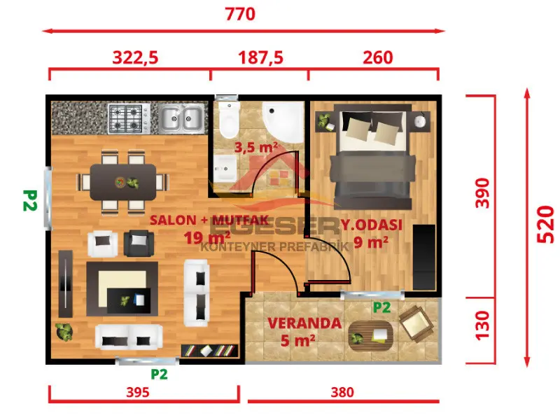 EGE-103 40 m² prefabrik ev banyo WC antre veranda