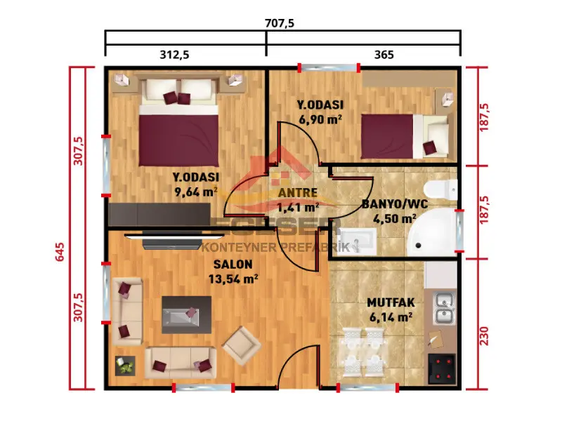 46 m² prefabrik ev iki yatak odalı model 9,64 m² 6,90 m²
