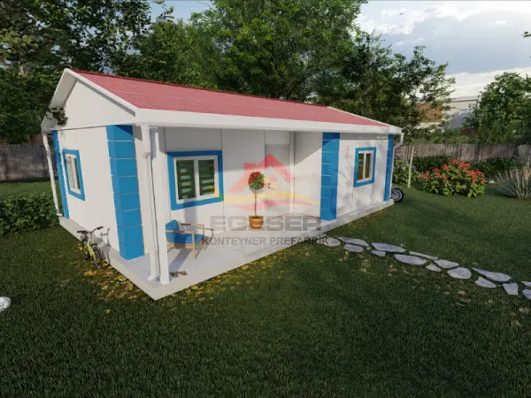 52 m² tek katlı prefabrik ev planı 2+1 verandalı