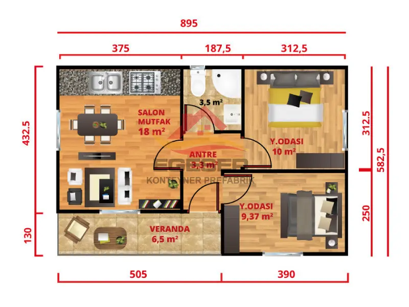 52 m² tek katlı prefabrik ev iki yatak odası 10 m² 9,37 m²