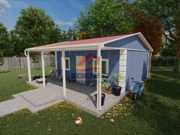 59 m² tek katlı prefabrik ev planı 2+1 geniş verandali EGE-107