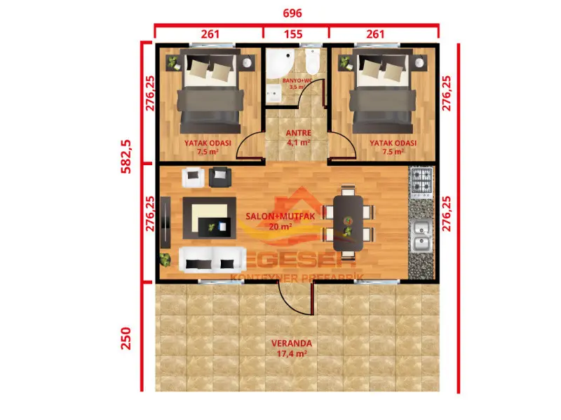 59 m² prefabrik ev banyo WC 3,5 m² antre 4,1 m²