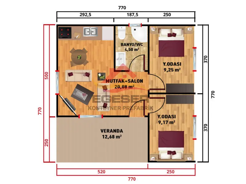 EGE-108 2+1 tek katlı prefabrik ev salon mutfak 20,08 m²