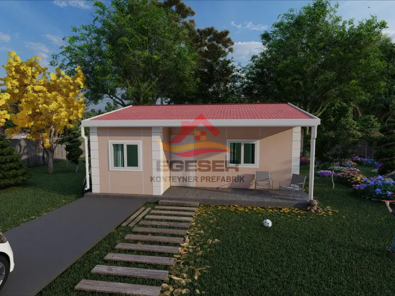 EGE-109 60 m2 prefabrik ev – bahçe yerleşimi ve veranda