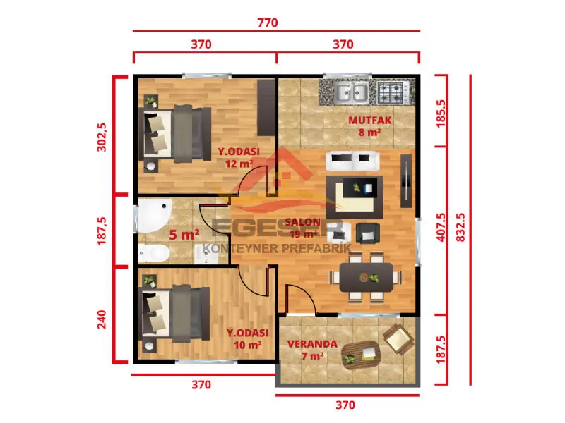 EGE-110 64 m2 prefabrik ev kat planı ve ölçüler
