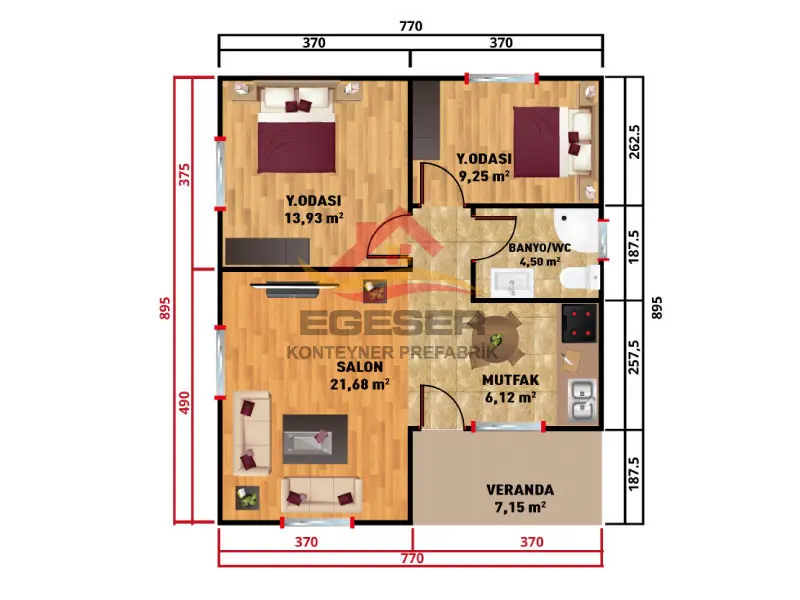 69 m2 prefabrik ev planı EGE-111 (8,95 m x 7,70 m)