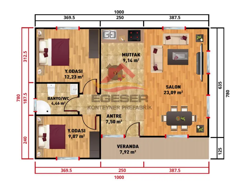 78 m2 2+1 prefabrik ev planı EGE-113 (7.80x10.00)