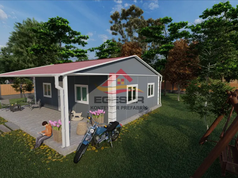 80 m2 tek katlı prefabrik ev EGE-114 veranda ve cephe