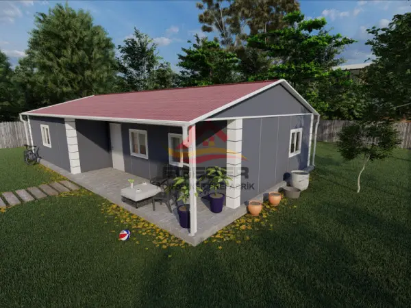 101 m2 tek katlı prefabrik ev EGE-116 veranda ve bahçe görünümü