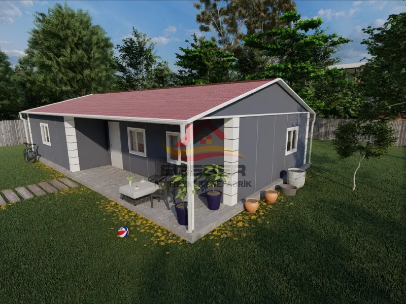 101 m2 tek katlı prefabrik ev EGE-116 veranda ve bahçe görünümü