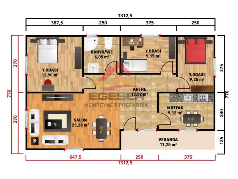 101 m2 prefabrik ev planı EGE-116 3+1 yerleşim krokisi