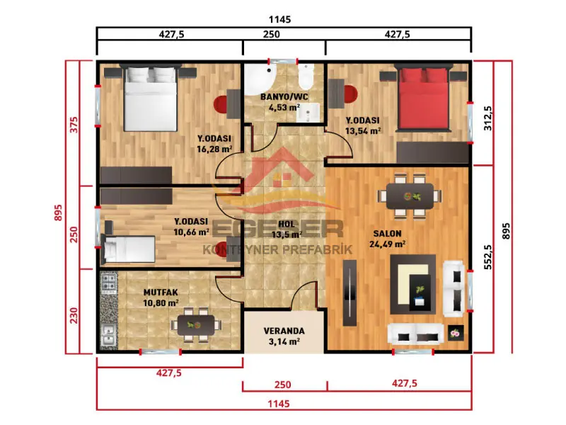 105 m2 prefabrik ev planı EGE-117 3+1 yerleşim krokisi