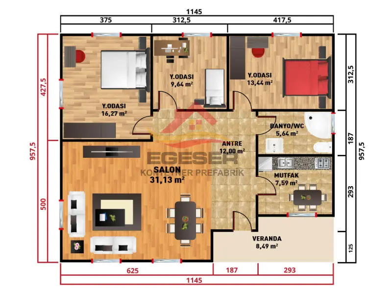 EGE-118 109 m² prefabrik ev planı tek katlı 3+1