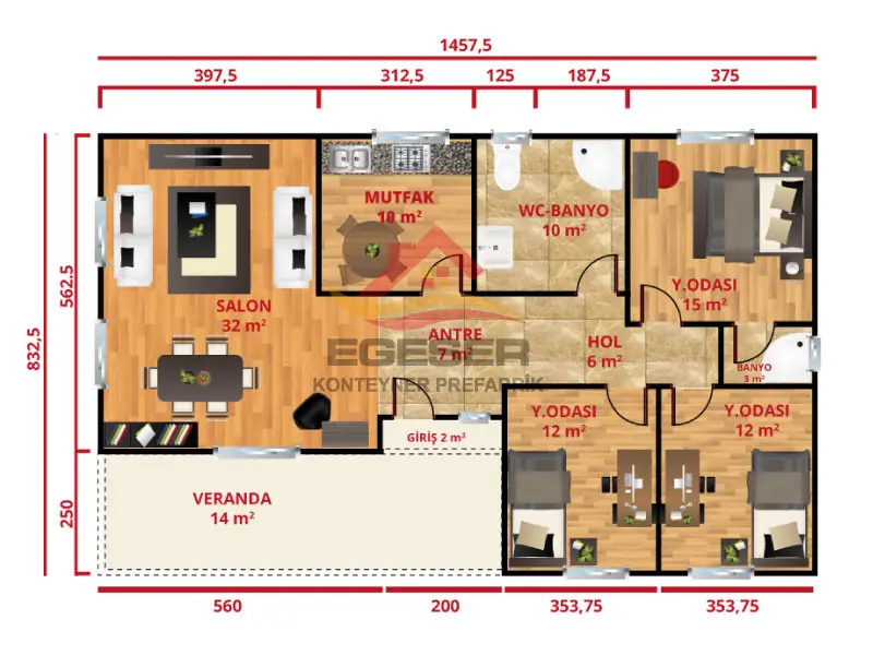 EGE-119 123 m2 tek katlı prefabrik ev planı 3+1 8,32x14,57 m veranda 14 m2