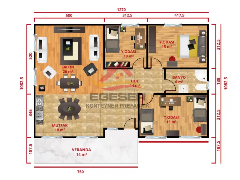 EGE-120 138 m2 prefabrik ev planı tek katlı 3+1 10,82x12,70 m veranda 14 m2