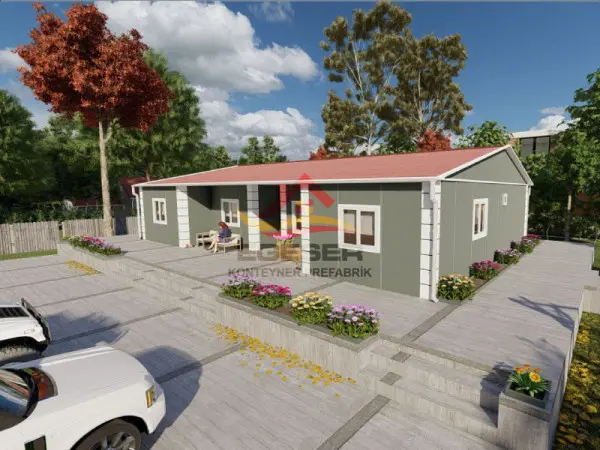 142 m2 tek katlı prefabrik ev EGE-121 dış cephe ön görünüm verandali