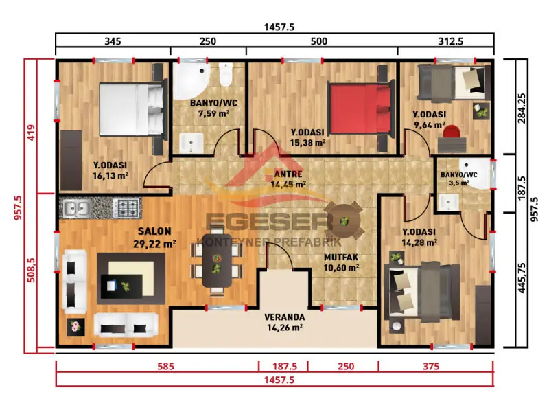 EGE-121 142 m2 prefabrik ev planı tek katlı 4+1 9,57x14,57 m ebeveyn banyolu veranda 14,26 m2