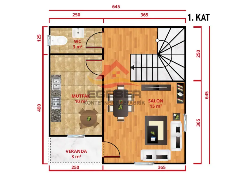 EGE-200 80 m2 dubleks prefabrik ev 1 kat plan salon 15 m2 mutfak 10 m2 veranda 3 m2 wc 3 m2