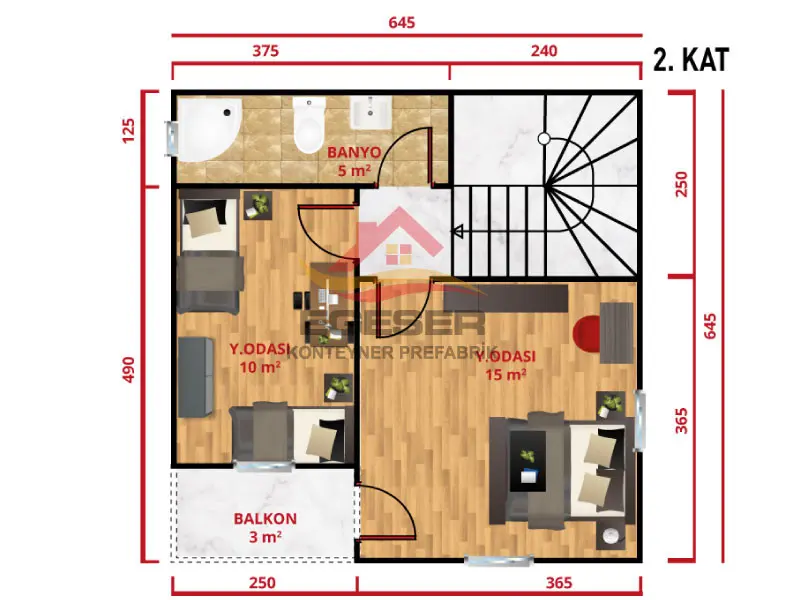 EGE-200 80 m2 dubleks prefabrik ev 2 kat plan yatak odasi 15 m2 10 m2 banyo 5 m2 balkon 3 m2
