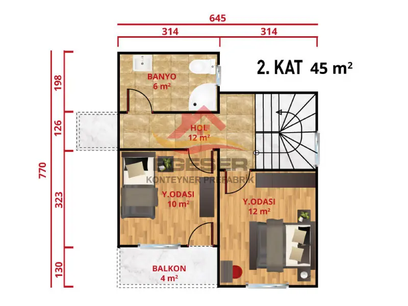 EGE-201 92 m2 dubleks prefabrik ev 2 kat plan yatak odasi 12 m2 10 m2 banyo 6 m2 balkon 4 m2