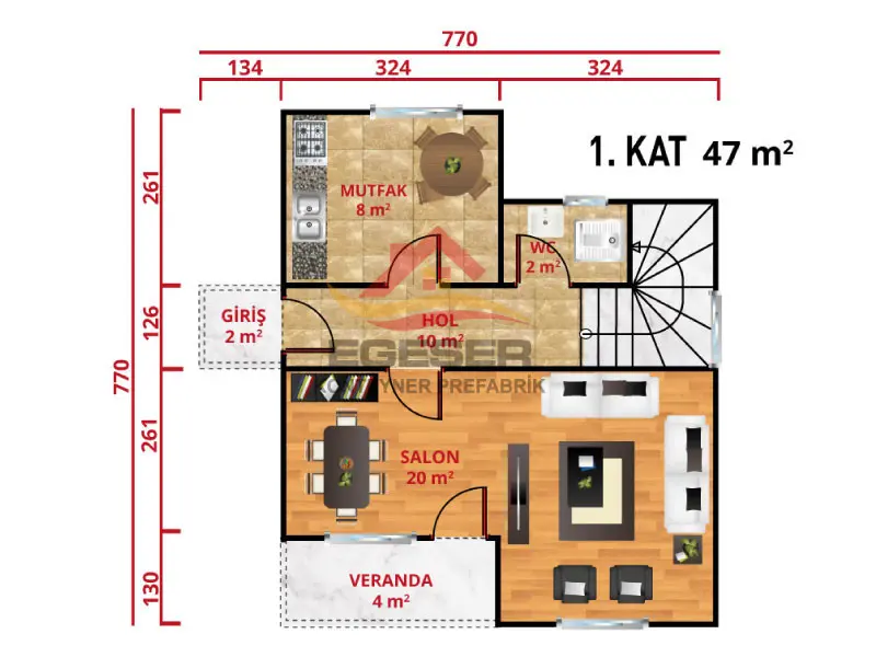 EGE-201 92 m2 dubleks prefabrik ev 1 kat plan salon 20 m2 mutfak 8 m2 veranda 4 m2
