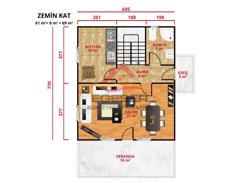 EGE-202 122 m2 dubleks prefabrik ev zemin kat plan salon 25 m2 mutfak 10 m2 veranda 16 m2 antre 5 m2