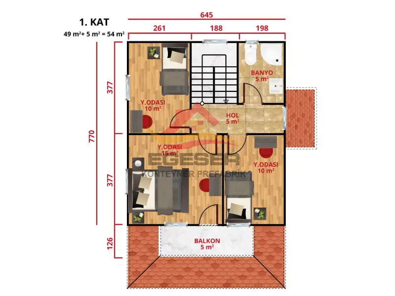 EGE-202 122 m2 dubleks prefabrik ev 1 kat plan yatak odasi 15 m2 10 m2 10 m2 banyo 5 m2 balkon 5 m2