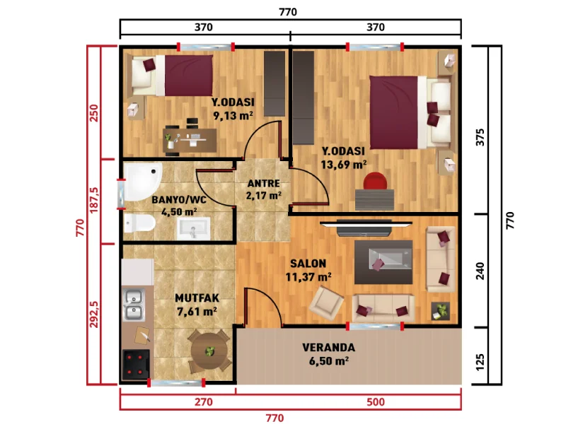 60 m2 prefabrik ev planı – 2+1 oda dağılımı (EGE-109)